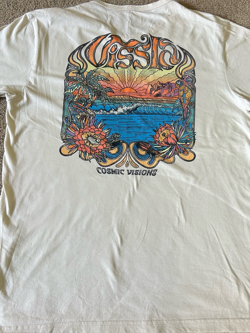 VISSLA Cream Graphic Tee with Sunset Surf Artwork